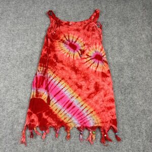 Unbranded Tie Dye Tassel Beaded Dress Womens Size‎ 3 Red Boho Hippie Summer